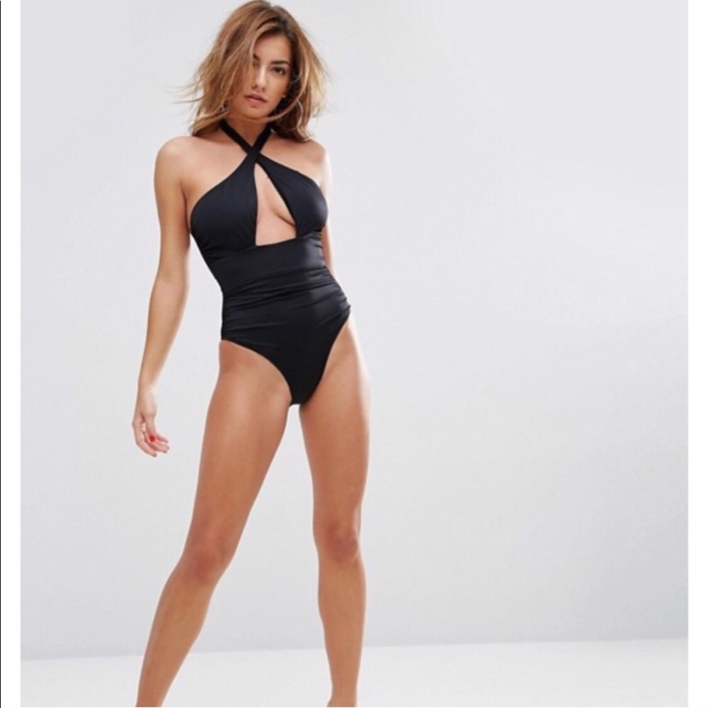ASOS Pour Moi Cross Front One Piece Swimsuit Black - Picture 5 of 8